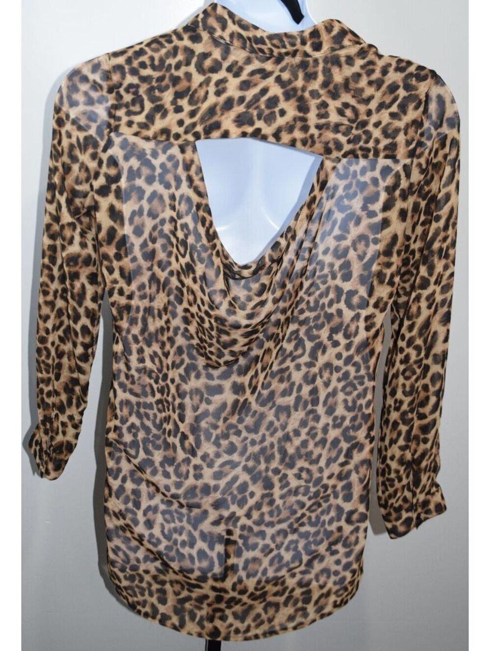 No Boundaries XL Leopard Print Sheer Button-Up Blouse with Back Cutout